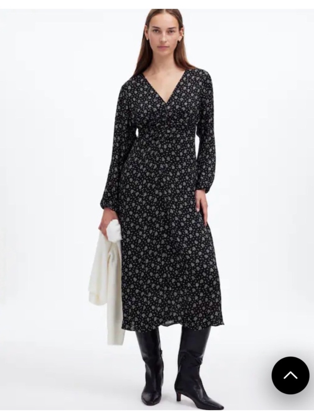 Madewell Black Floral Long-Sleeve Midi Dress, ditzy print